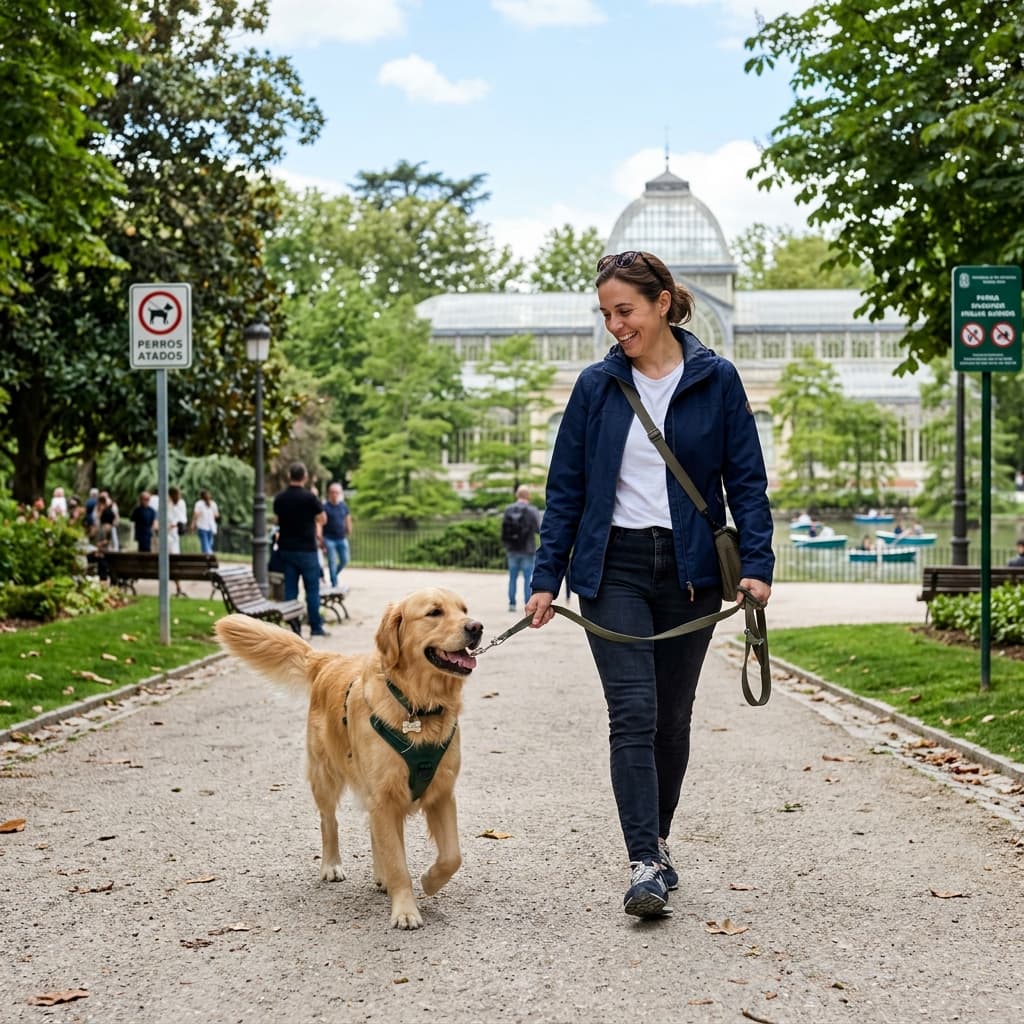 Perro paseando por Madrid responsablemente